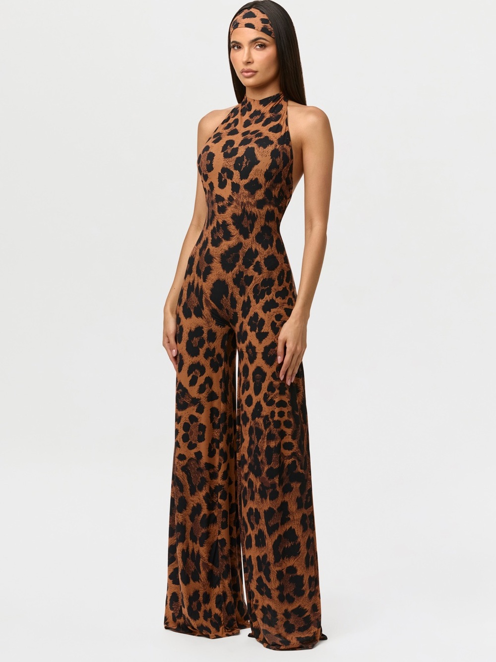 NWT Naked Wardrobe Sz S PRINT HALTER WIDE LEG JUMPSUIT Sleeveless Tie Stretchy